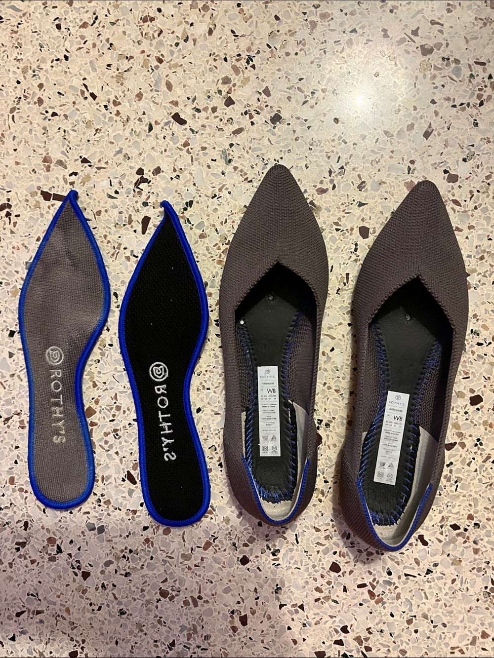 Rothy's Pointed Toe Flats in Mink (Charcoal Gray) with Blue Trim - Picture 3 of 3